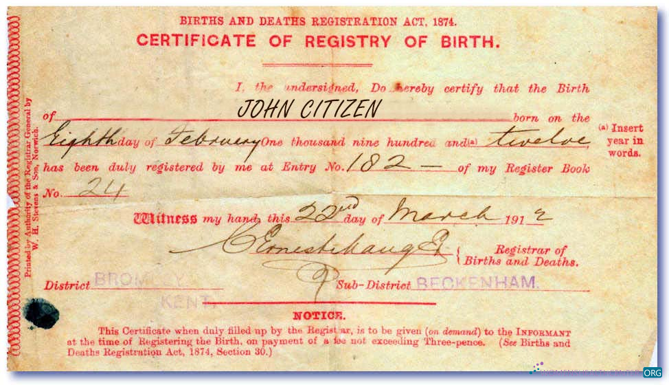 Download England Registrar of Births and Deaths birth certificate Photoshop template